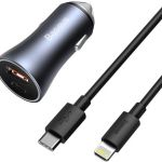 Baseus car charger with dual USB-A and USB-C ports installed in vehicle dashboard