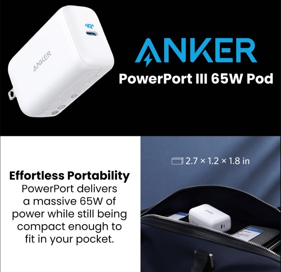Anker PowerPort III 65W Pod Laptop Charger Fast Charger Mobile USB C CHARGER
