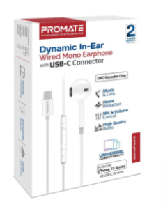 Promate Dynamic In-Ear Wired Mono Earphone with USB-C Connector White