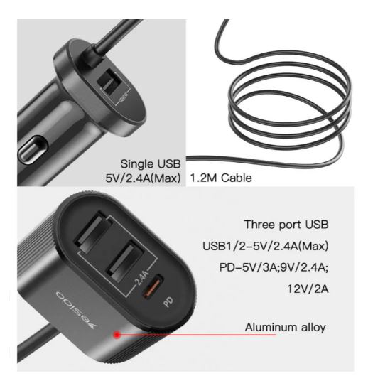 YESIDO 3 USB Ports Power Car Charger Adapter Power Y41 3 Fast Car Charger