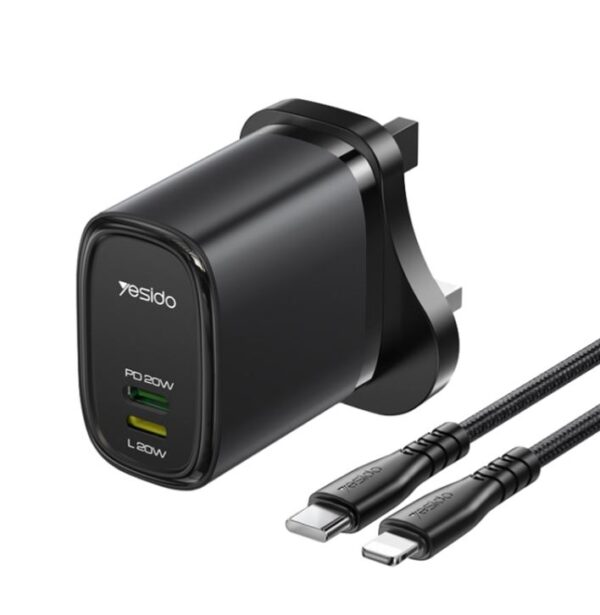 Yesido Mobile Charger 20W USB-C Type-C + 8 Pin Travel Charger With Cable YC43 Black
