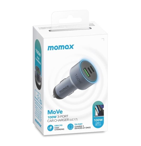 MOMAX Car Charger 100W USB-C Type-C x 2 + USB Three Ports Super Fast Charging UC17E