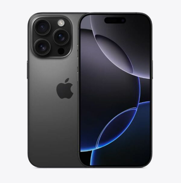 Apple iPhone 16 Pro in Black Titanium, front view, showing the sleek display and edge-to-edge Super Retina XDR screen.