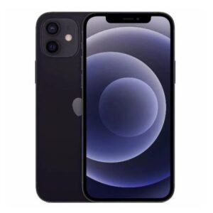 Back view of refurbished iPhone 12 Mini highlighting the dual 12MP camera system and sleek design in classic Black color.