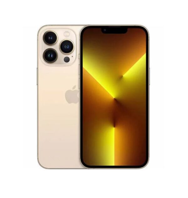 iPhone 13 Pro Max in Gold with Super Retina XDR display, featuring ProMotion technology and Ceramic Shield for durability