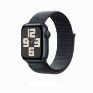 Apple Watch SE 2 44mm model with a vibrant watch face, illustrating its larger size and customizable features Midnight Sport Loop Smart watch