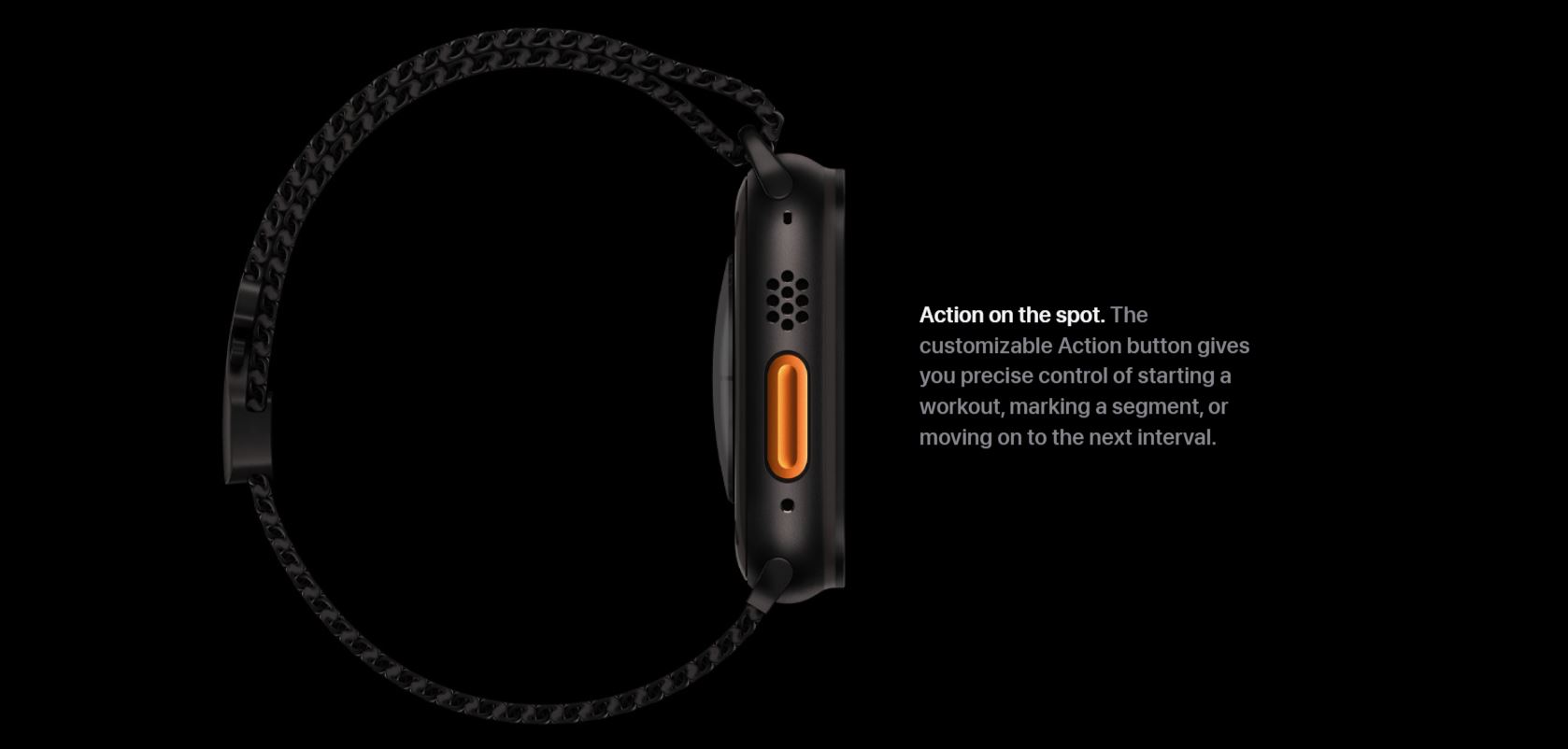 Apple Watch Ultra side images that is showing button for customization and precise control of starting workout etc