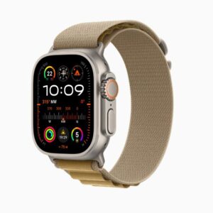 Image of the Apple Watch Ultra showcasing its features on a wrist. Alpine Loop For outdoor adventure and hiking.