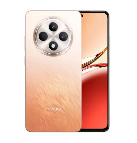 Oppo Phone Amber Orange Reno 12F 5G Come With camera system showing the 50MP Ultra-Clear Main Camera, 32MP Selfie Camera