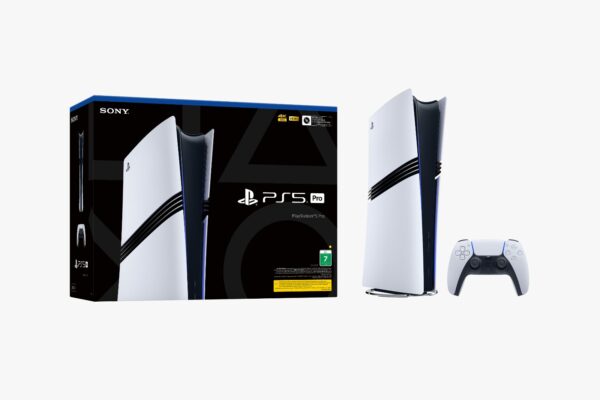 Promotional image of the Sony PS5 Pro with branding elements and sleek design.