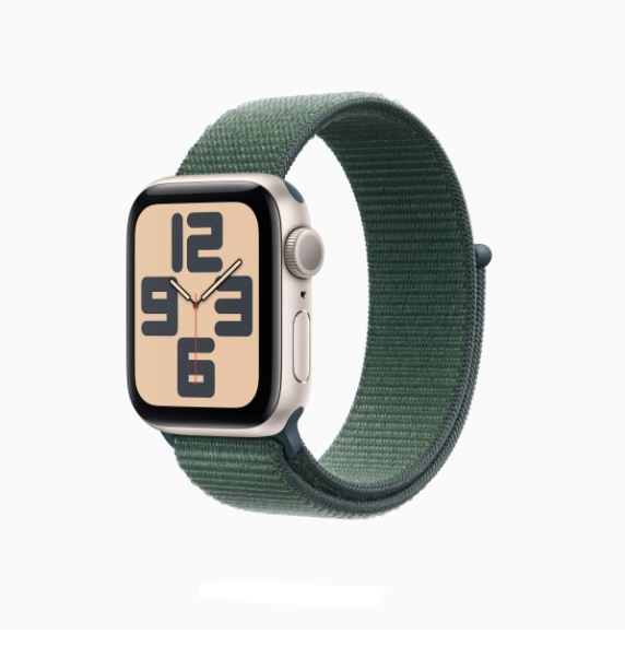 Side-by-side comparison of Apple Watch SE sizes, highlighting the 40mm and 44mm options for different wrist sizes. Lake Green Color Sport Loop