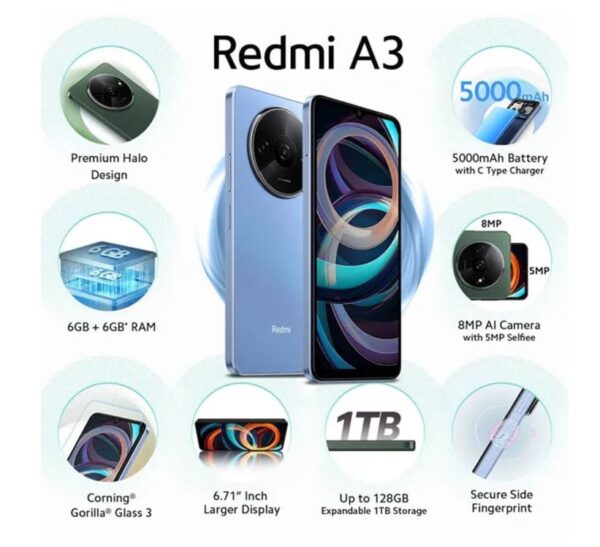 Xiaomi Redmi A3 Price In Uae is 299 Aed for 3GB RAM + 64GB Storage - Budget-Friendly Option