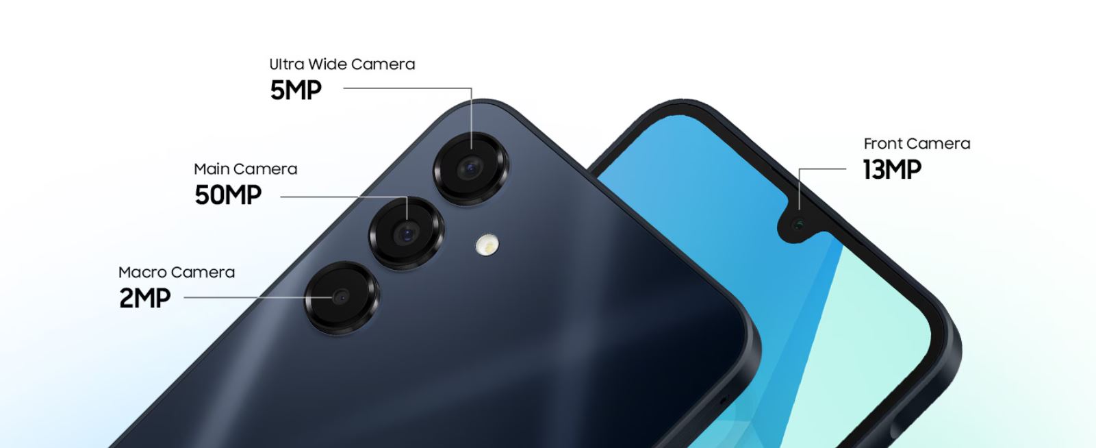 Close-up of Samsung Galaxy A16 camera features showcasing 50MP Main Camera and 13MP Front Camera