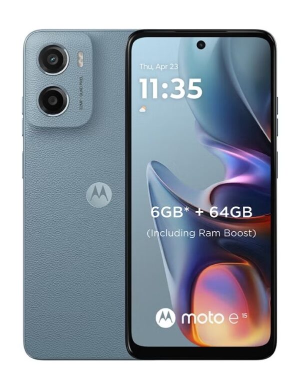 Motorola E15 mobile in vegan leather finish with 5200mAh battery and stereo speakers