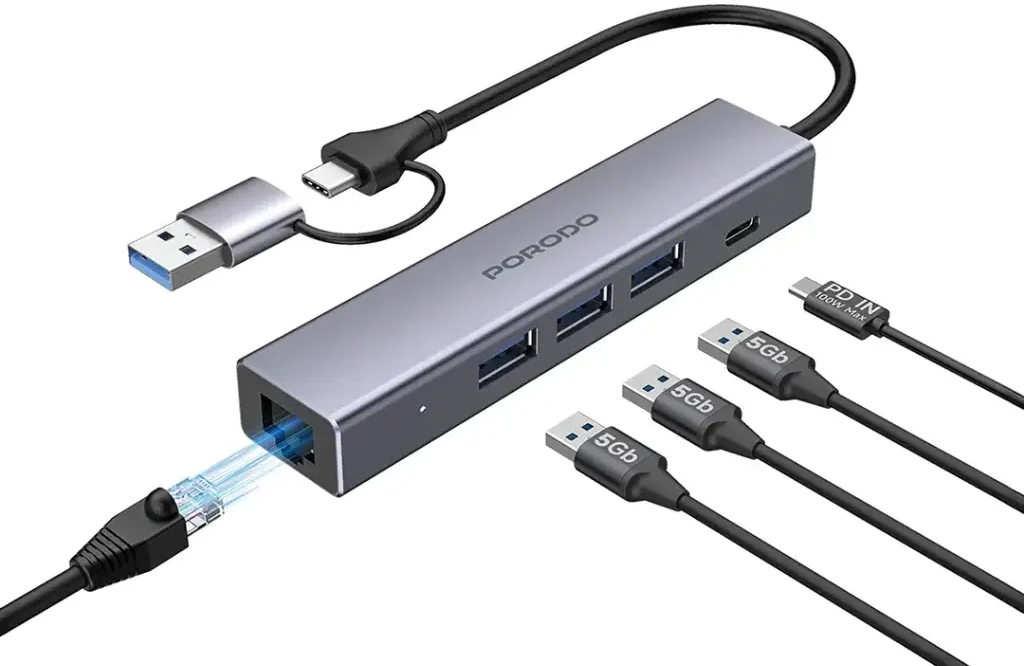 Porodo 5 IN 1 Multi Port Hub PD Charging 5Gbps Transfer Rate Gray e1763372091341