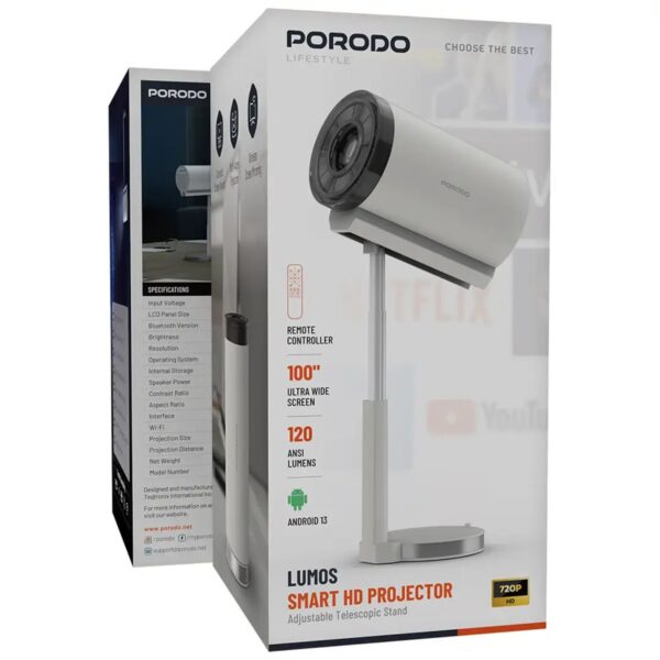 Compact and portable Porodo HD projector delivering vibrant 720p visuals for movies, gaming, and streaming