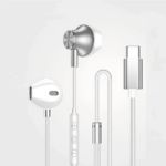 Black wired earphones for Type-C devices showing ergonomic design and inline audio controls